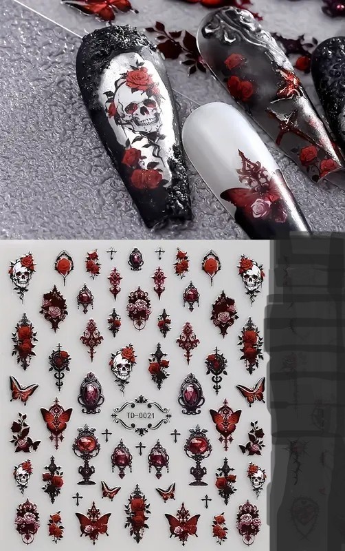 5D Jelly Self-Adhesive Nail Art Stickers Gothic Skulls, Roses, Butterflies
