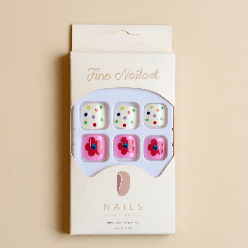 48Pcs Rainbow Dot Floral Toe Short Square Press on Nails,Bright Sweet Fake Nails