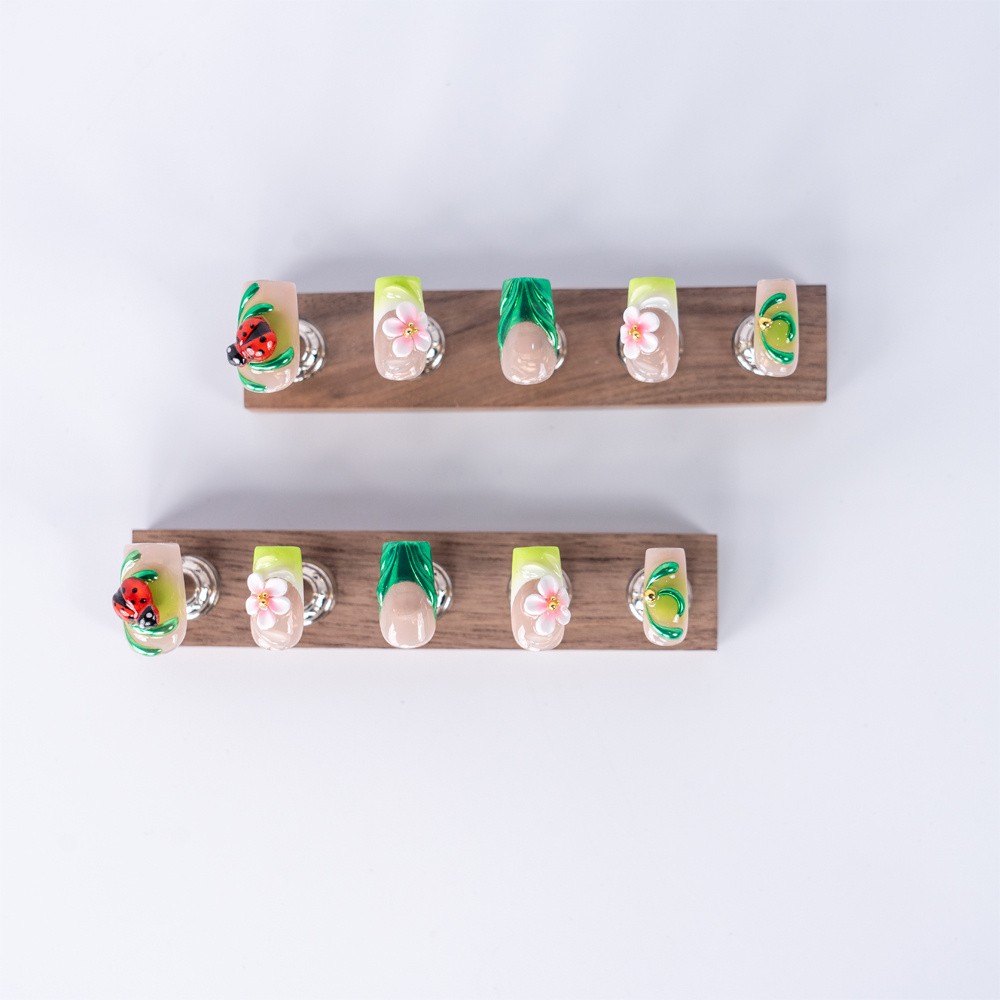 10pcs Nude Green Square Nails 3D Ladybug Floral Spring Luxury Acrylic