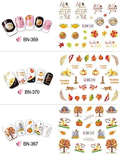 12 Sheets Fall Nail Art Stickers Thanksgiving Nail Decals Water Transfer A2