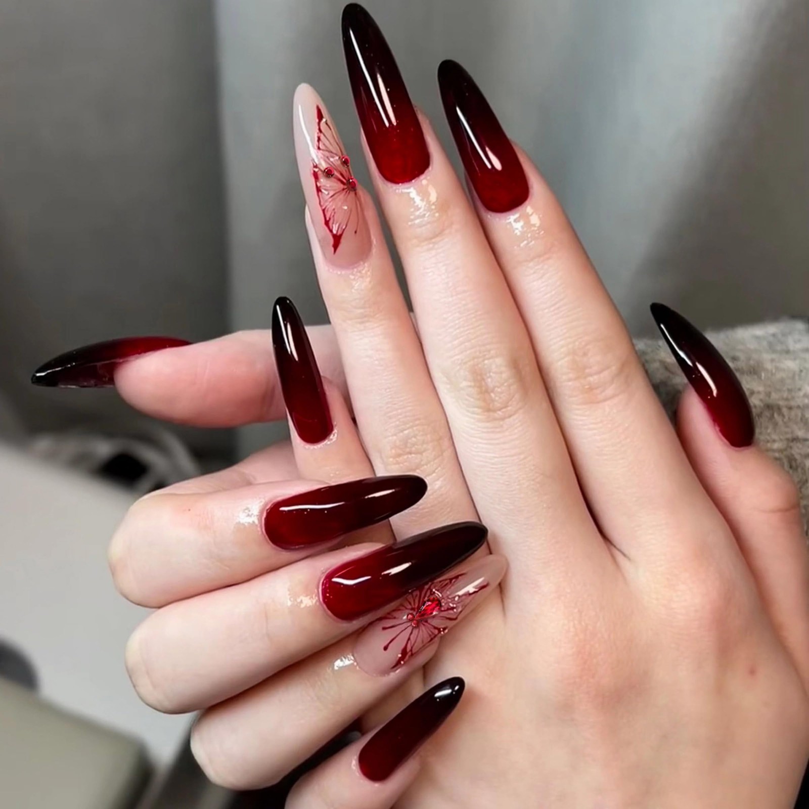 Long Stiletto Press on Nails Black Red Ombre Fake Nails, Butterfly Goth Acryl…