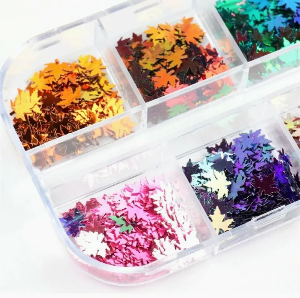 12 Colors Holographic Maple Leaf Nail Art Flakes Fall Leaf Glitter Nail Sequins