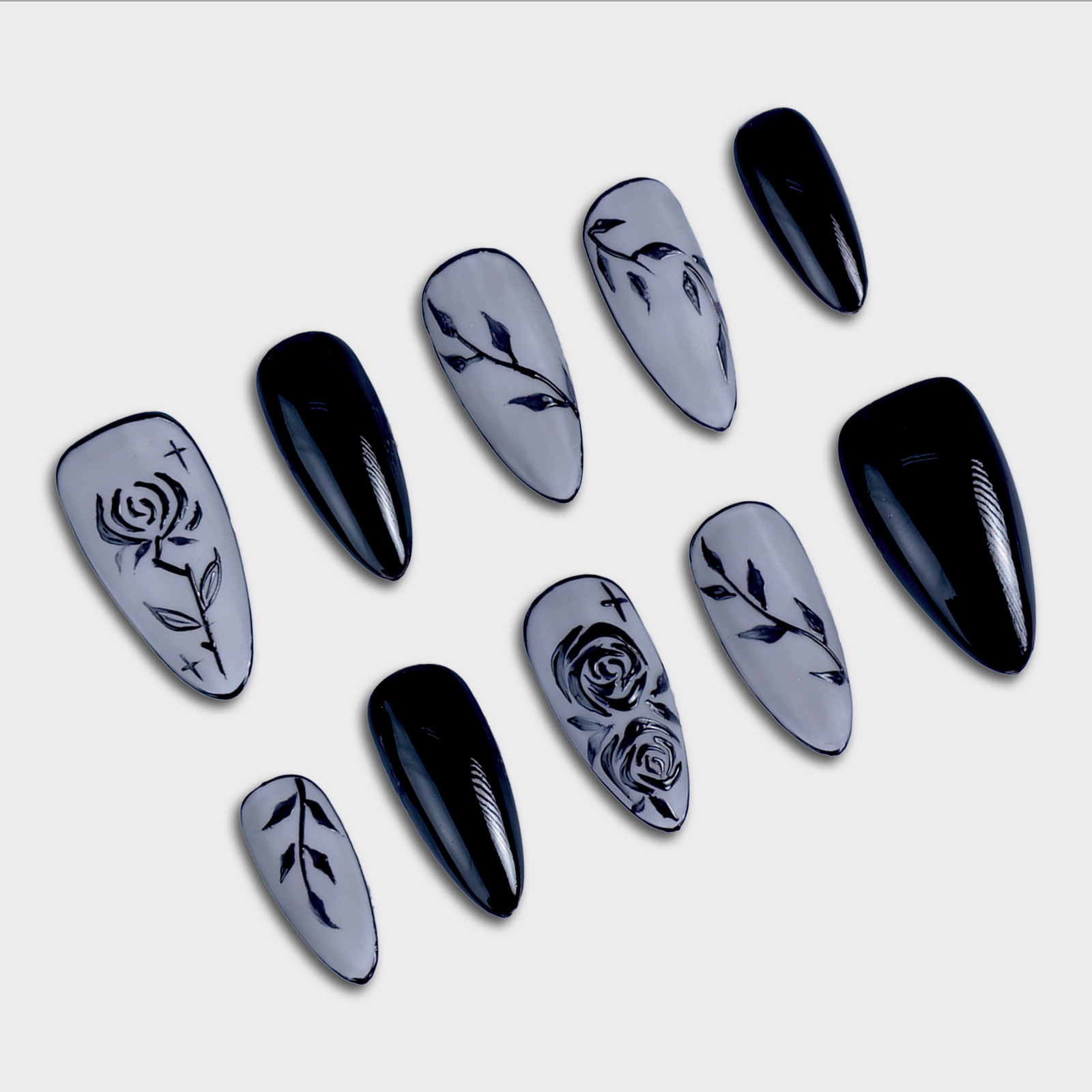 SIYOU Midnight Rose Almond Black Star Matte Press-On Nails 10pc