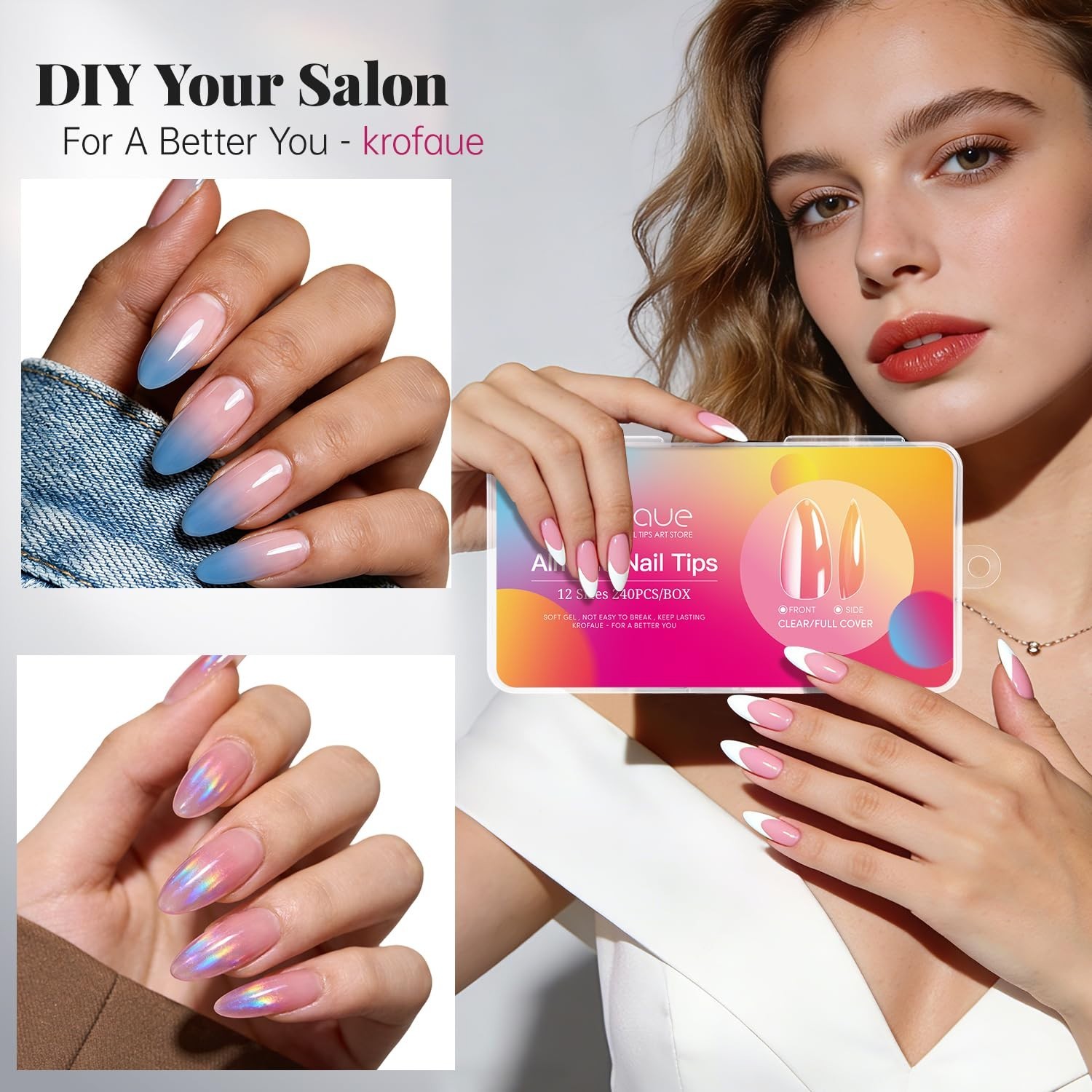 Elegant Almond Press-On Nails – 240Pcs in 12 Sizes for Perfect Manicures