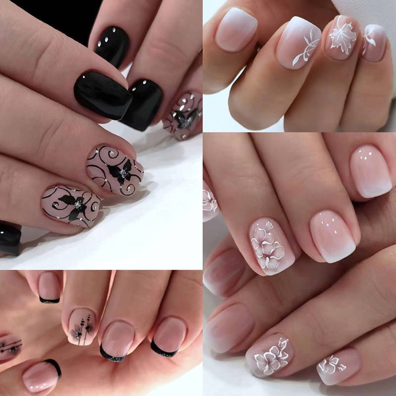 96PCS Elegant Floral Pattern Press on Nails Gradient French Reusable False Nails