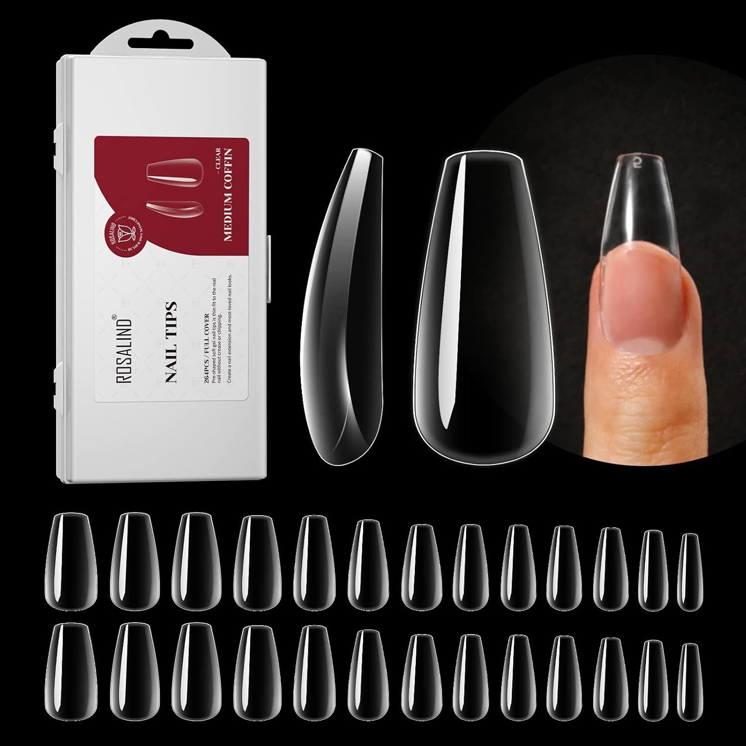 264PCS Clear Coffin Fake Nails with Box,ROSALIND Medium Acrylic Nail Tips Full C