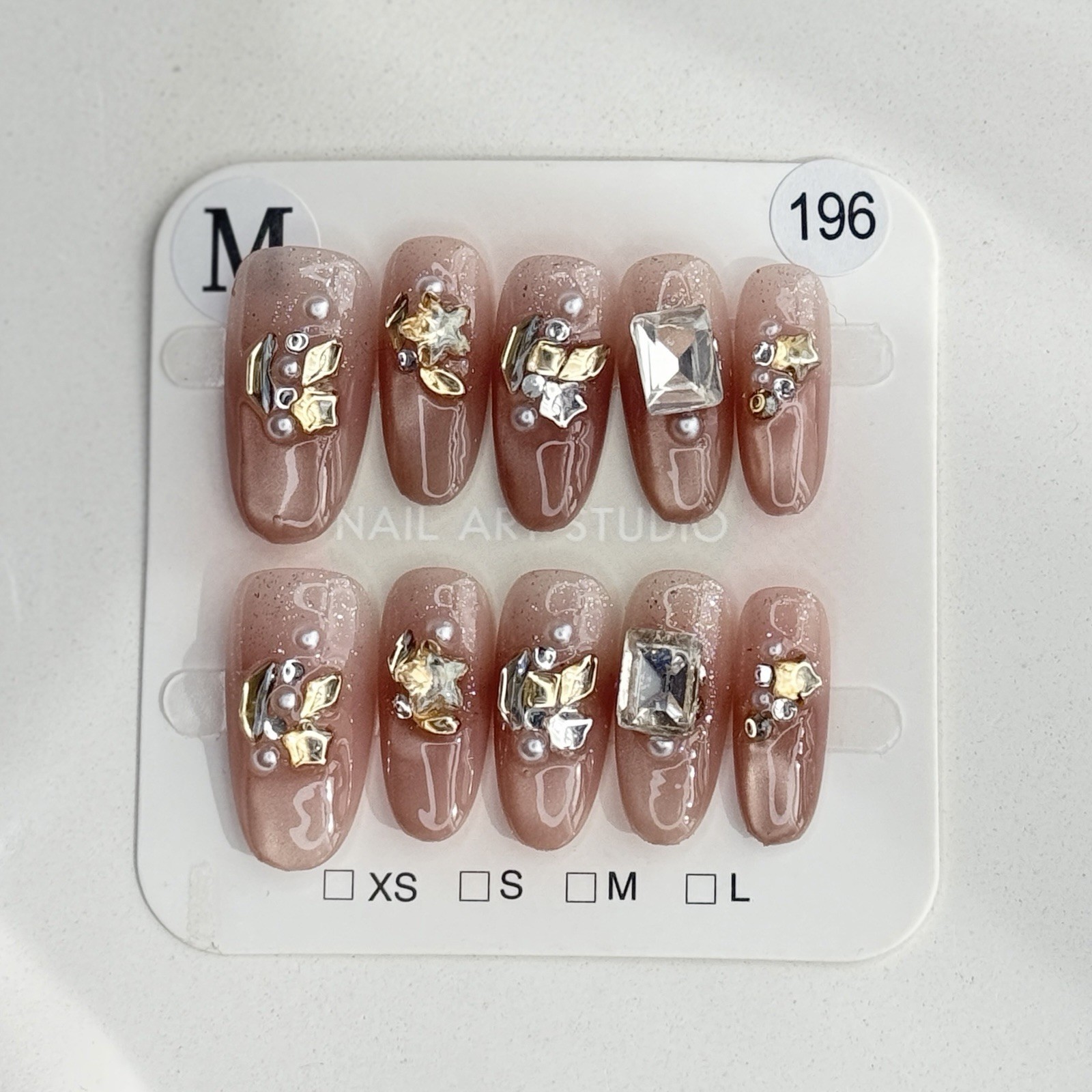 Handmade Pink Rhinestone Ring Press-On Nails Medium Oval SizeM Reusable