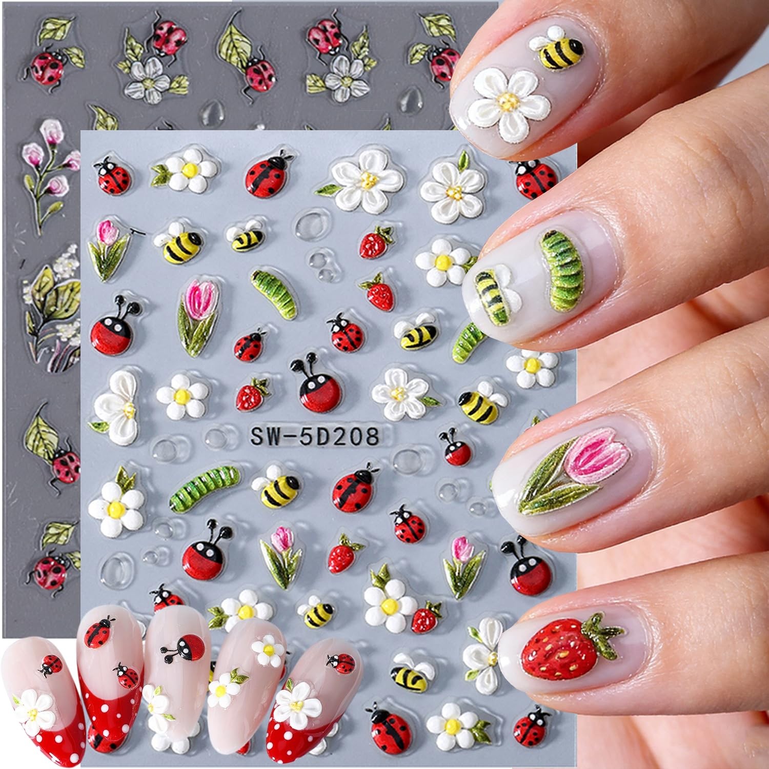 2 Sheets Ladybug Nail Stickers Spring Summer Flower Nail Art Stickers Self-Ad…