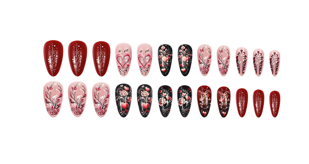 24 Pcs Medium Almond Valentines Black & Pink w/Charm & Heart Designs