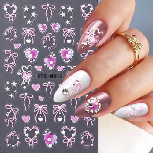 2 Sheets Pink Valentines Day Nail Stickers 3D Self Adhesive Heart Nail Art