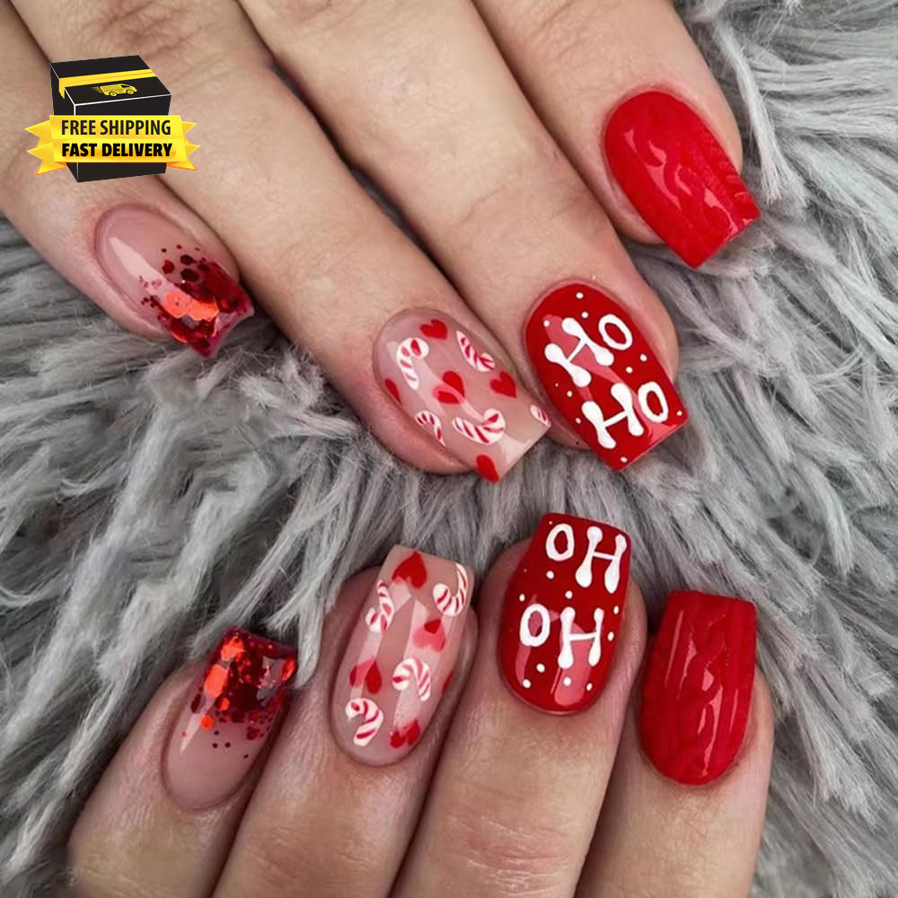24Pcs Christmas Short Press on Nails – Square Fake Acrylic False Nails with Cute