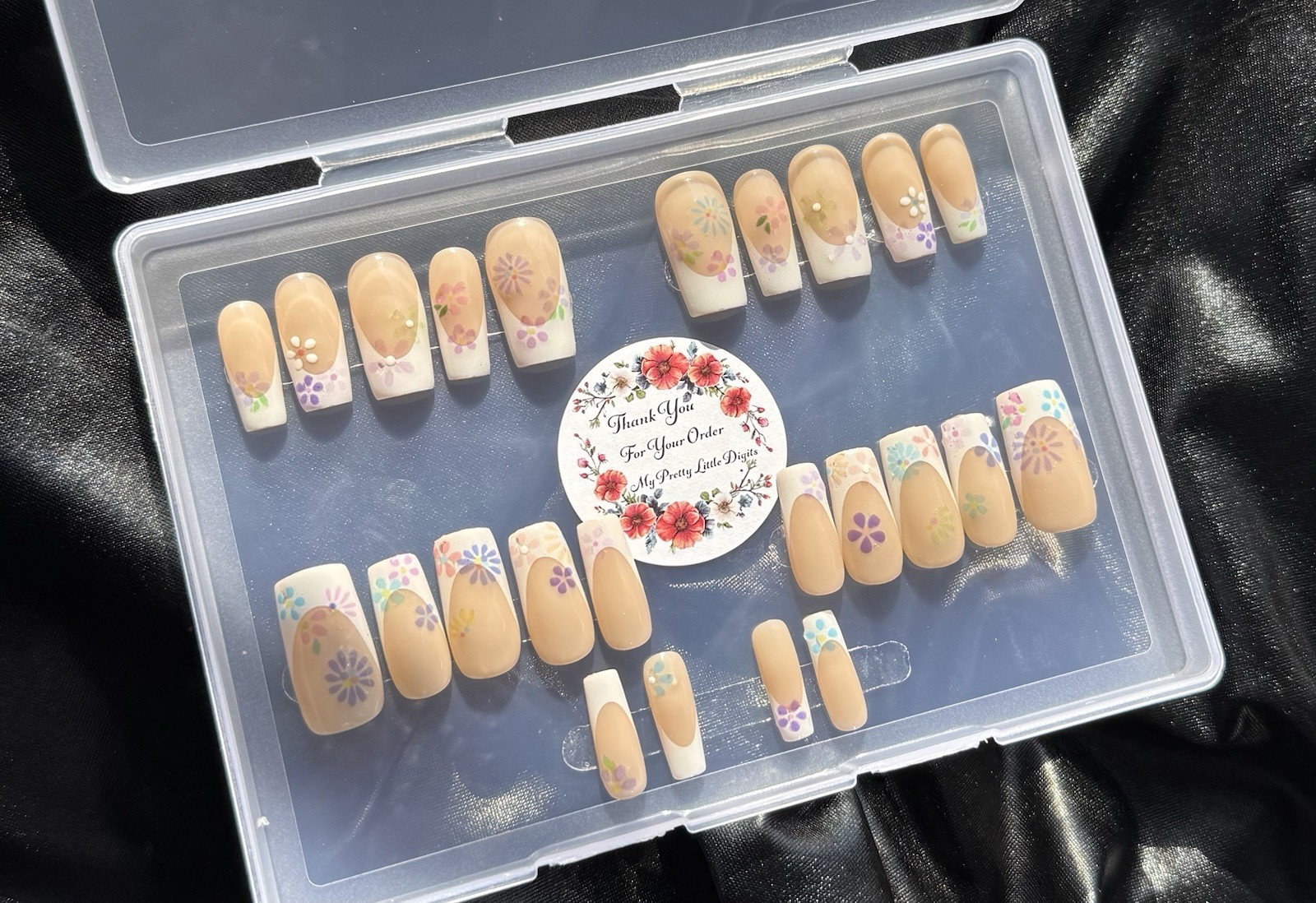 Handmade Press On Nails, Square Acrylic Gel French w/Flowers~With Free Gifts💝
