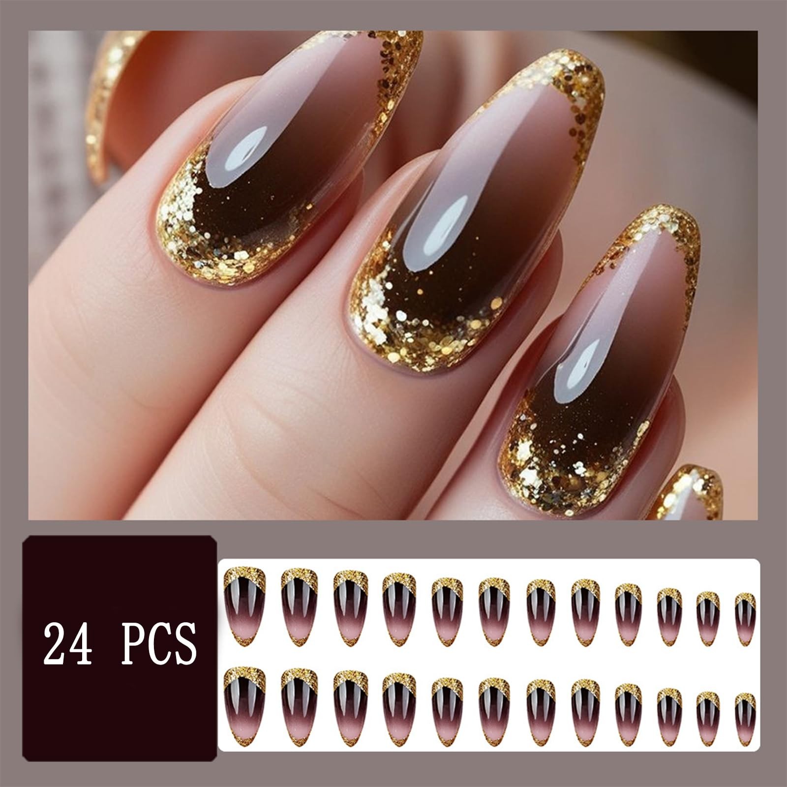 Glitter French fingertip press-on nails medium almond false nails with gold g…