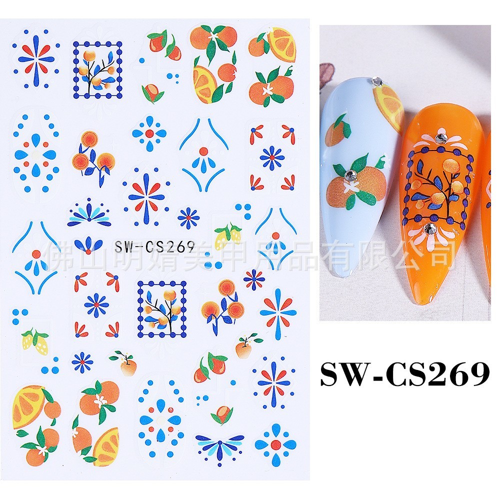 2Pcs Nail Art Stickers Decals Bohemian Fruit Yellow Flower Orange Manicure NH30