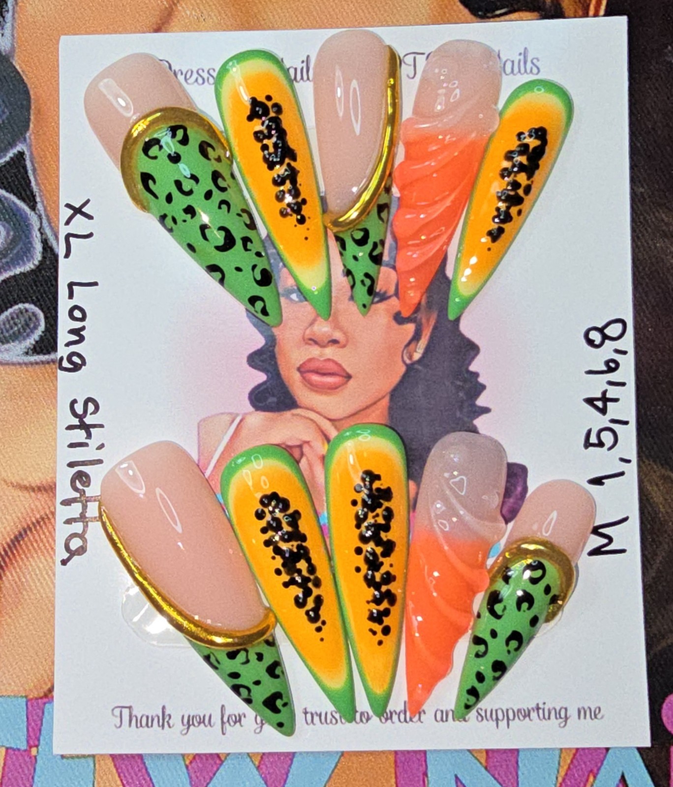 Handmade Gel Press On Nails, Summer Set Medium Size 1,5,4,6,8 XL Long Stiletto