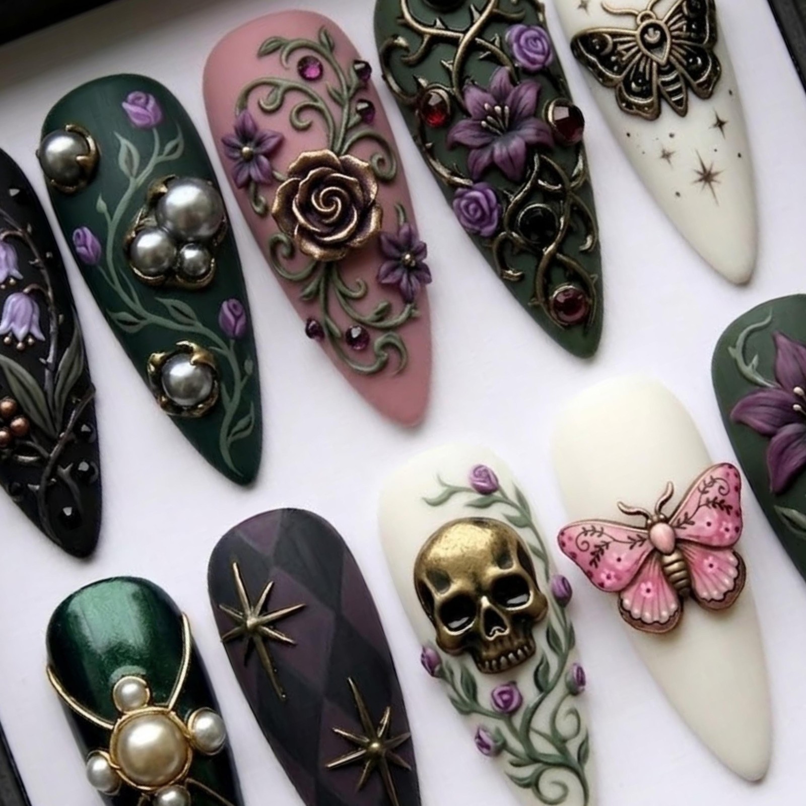 Custom Handmade Halloween Gothic Skull Moth Rose Gem Stiletto Press on Nails
