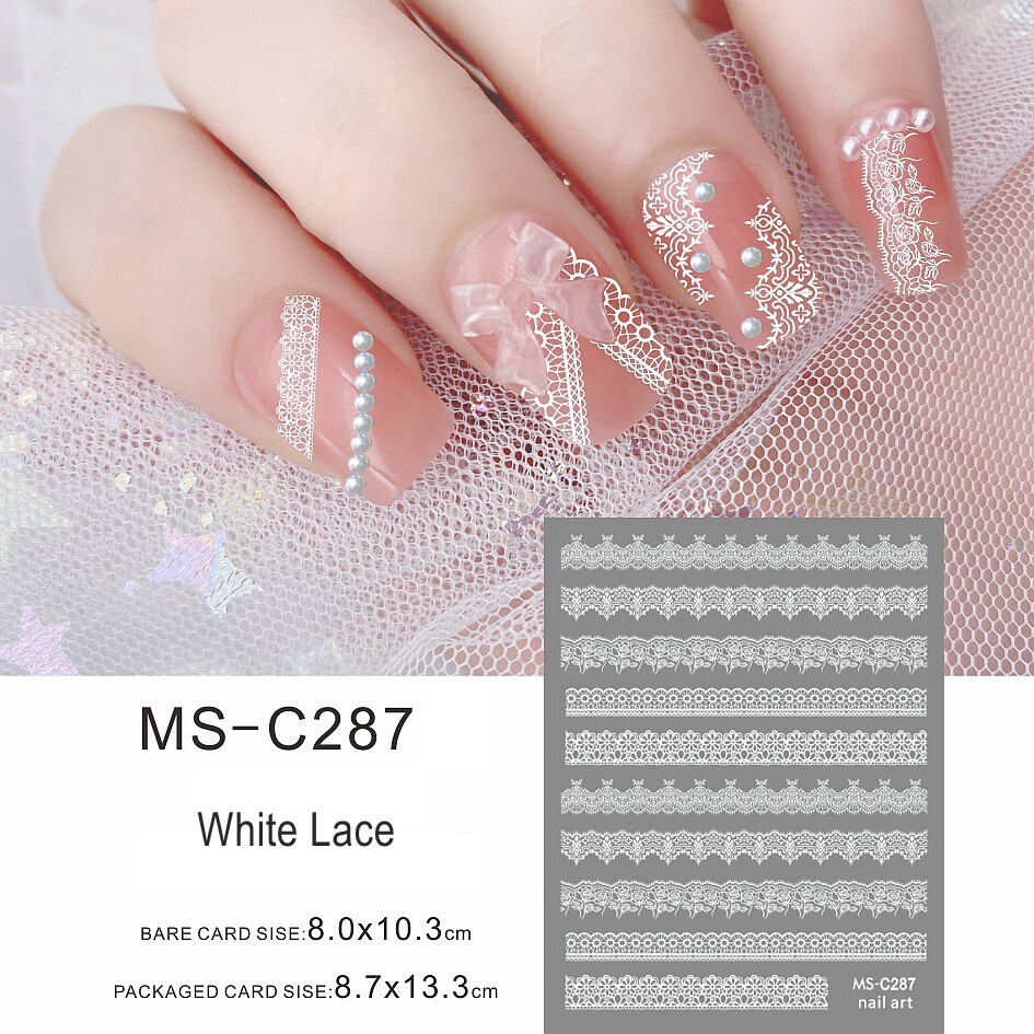 White Lace Nail Stickers Damask Seamless Pattern Self-Adhesive Nail Art Decals