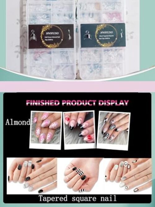 480Pcs Extra Short Half Cover Almond &Tapered Square Nail Tips Gel x Clear