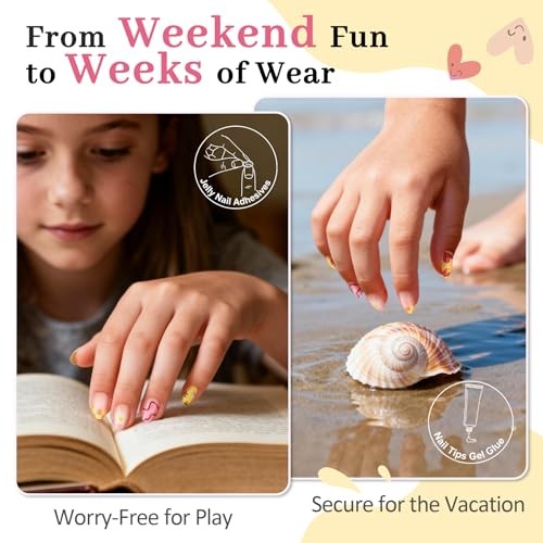 16 Sizes Press on Nails Kit for Kids – 32 Pieces French Almond B-Happy Smile