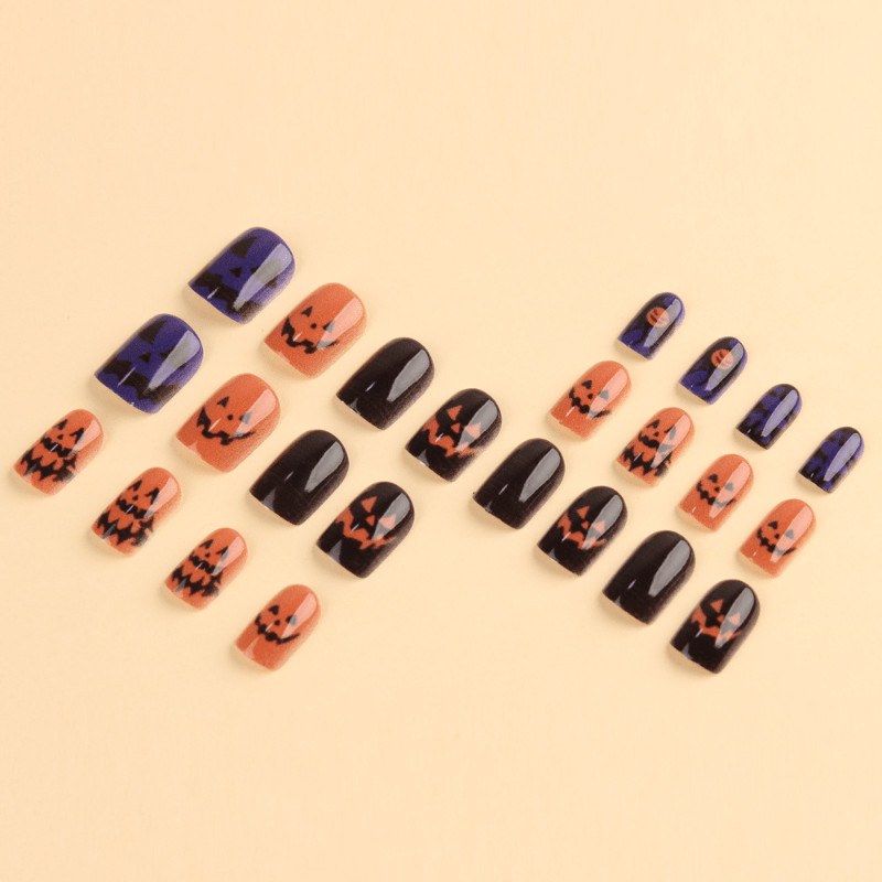 48Pcs-Medium Square Black Orange Purple Halloween Pumpkin Bat Web Press on Nails