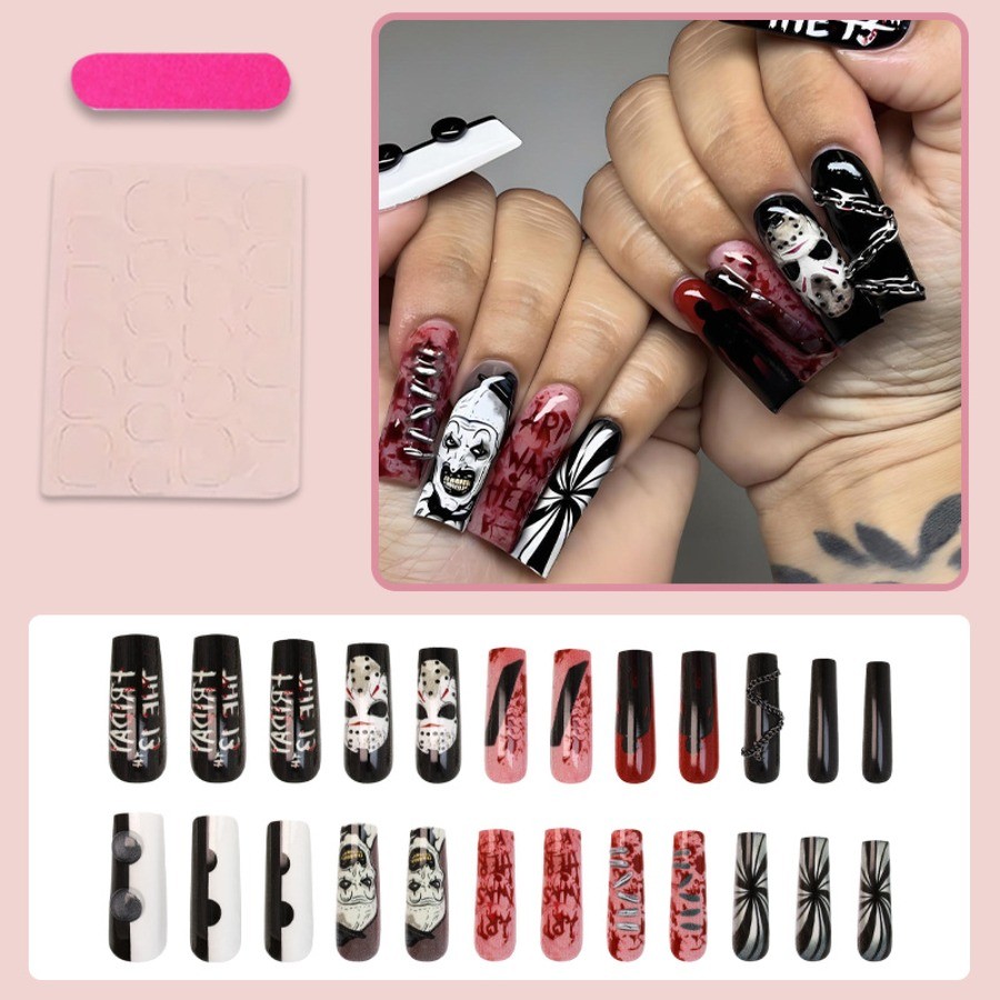 48Pcs-Long Coffin Horror Movie Clown Mask Blood Chain Fake Press on Nails Set