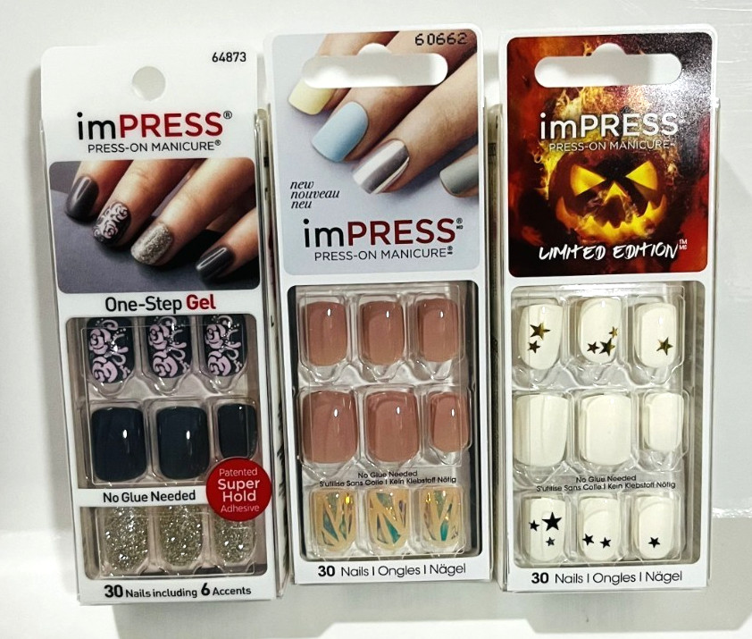 Impress Glitter Gray White Pink Press On Manicure Nails 3 Sets No Glue