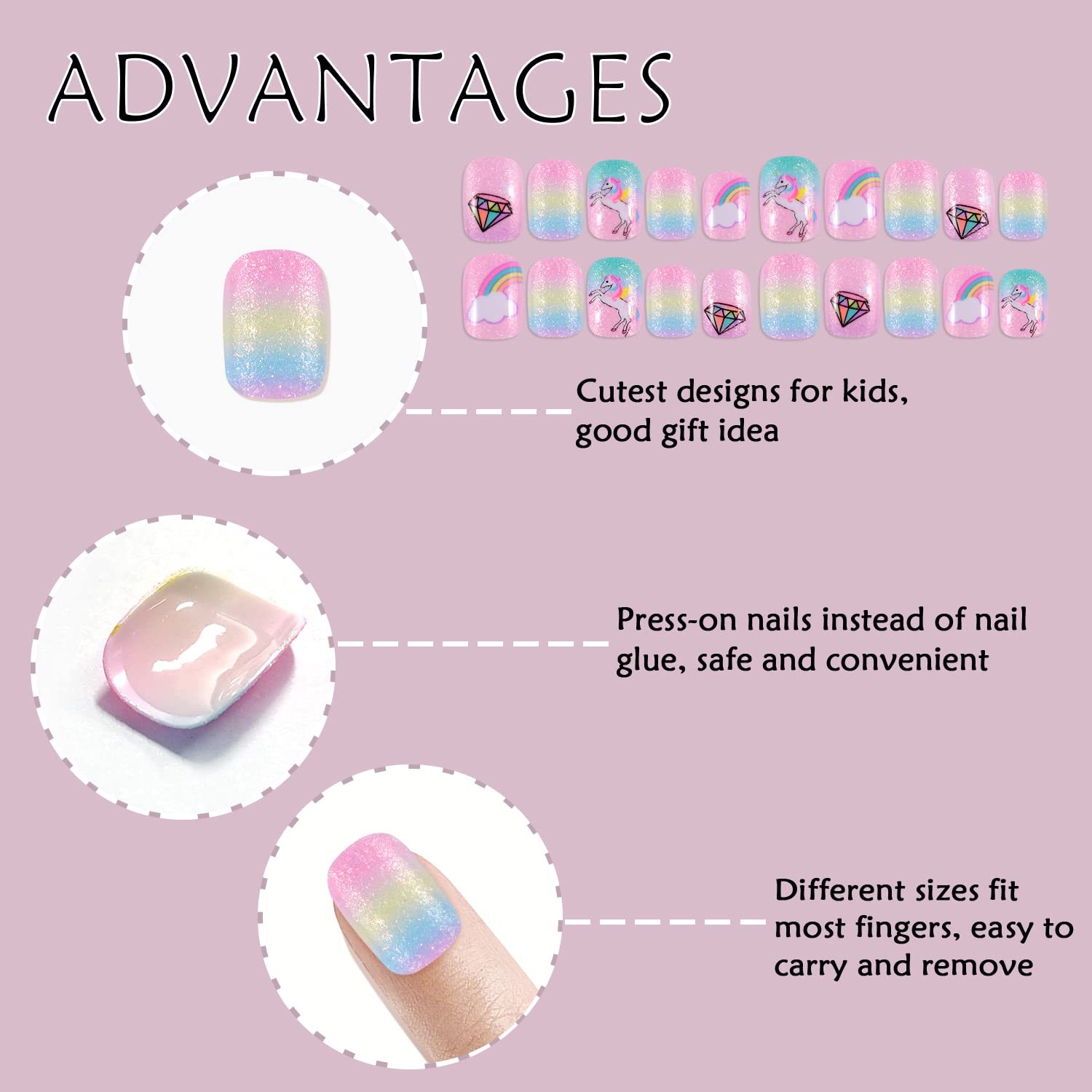 Laza Kids Press On Nails Pink Green Unicorn Glitter 60pc