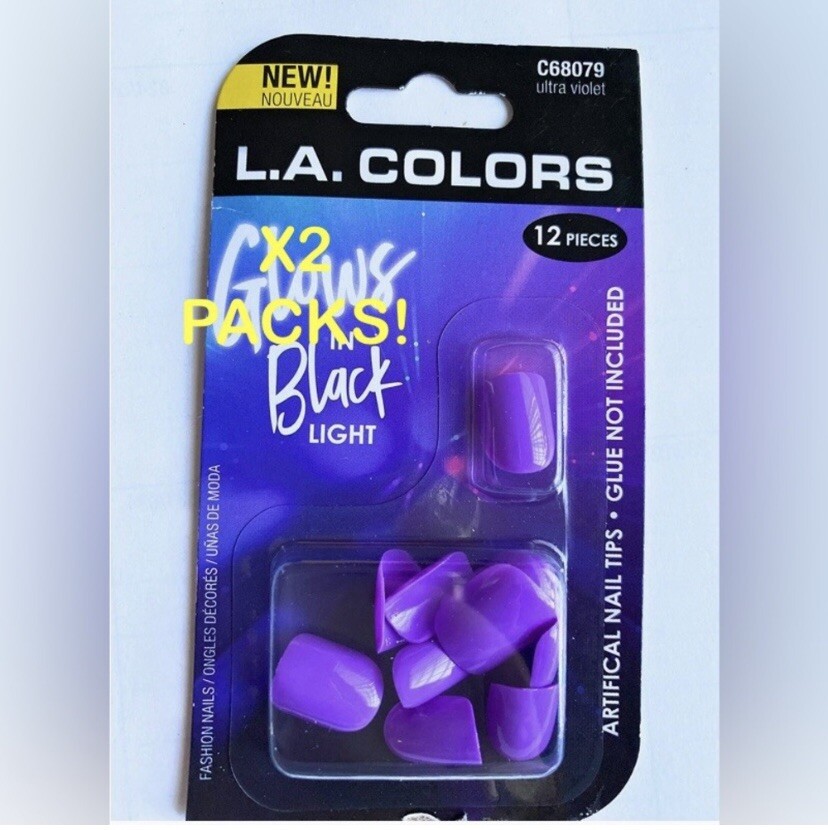 2 Packs NWT L.A. Colors Princess Almond Glows In Black Light Purple Blue Nails