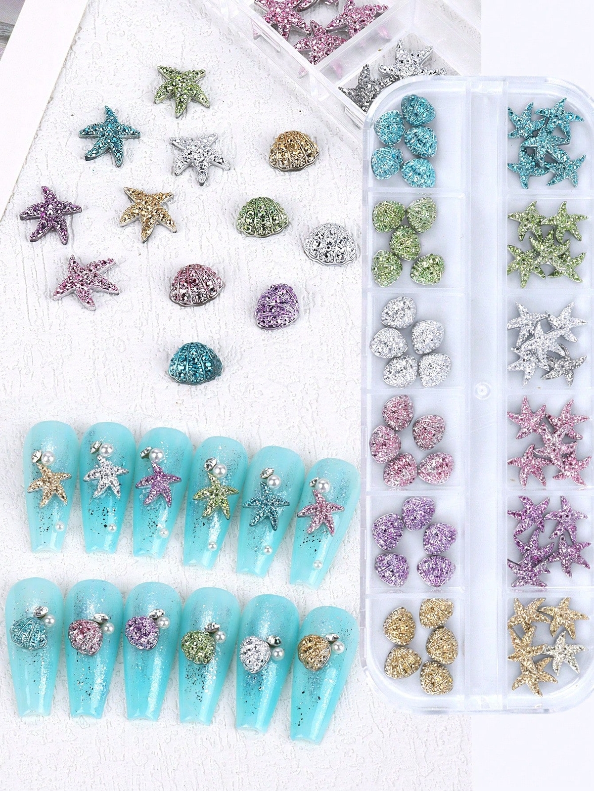 12 Grids 3D Acrylic Flower Nail Art Decoration, Mixed Size Colorful Flower Gold