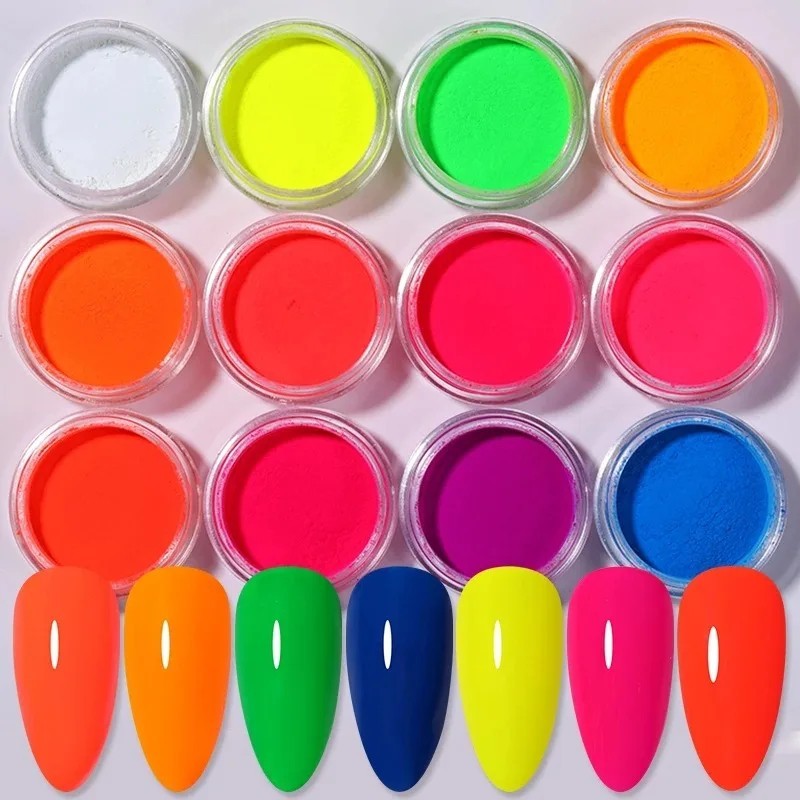 12 Colour Set Neon Pigment Nail Art Powder Dust Ombre Smoky Florescent Face Body