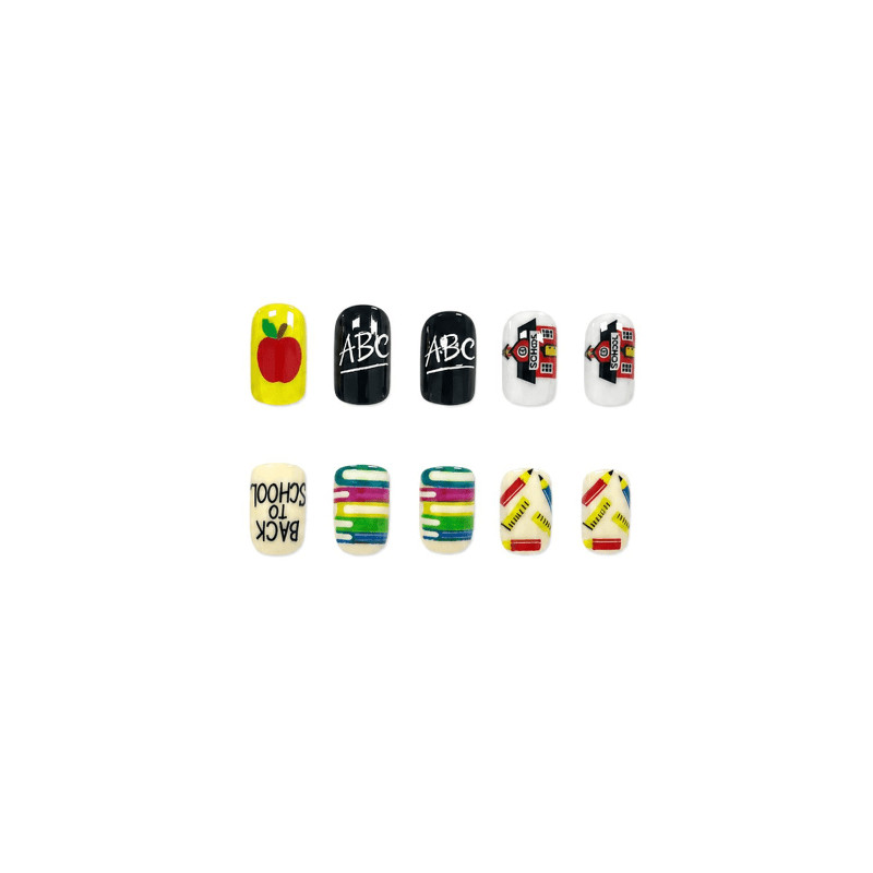 48pcs Short Square Press on Nails, Back To School Apple Pencil Cartoon Nail Art