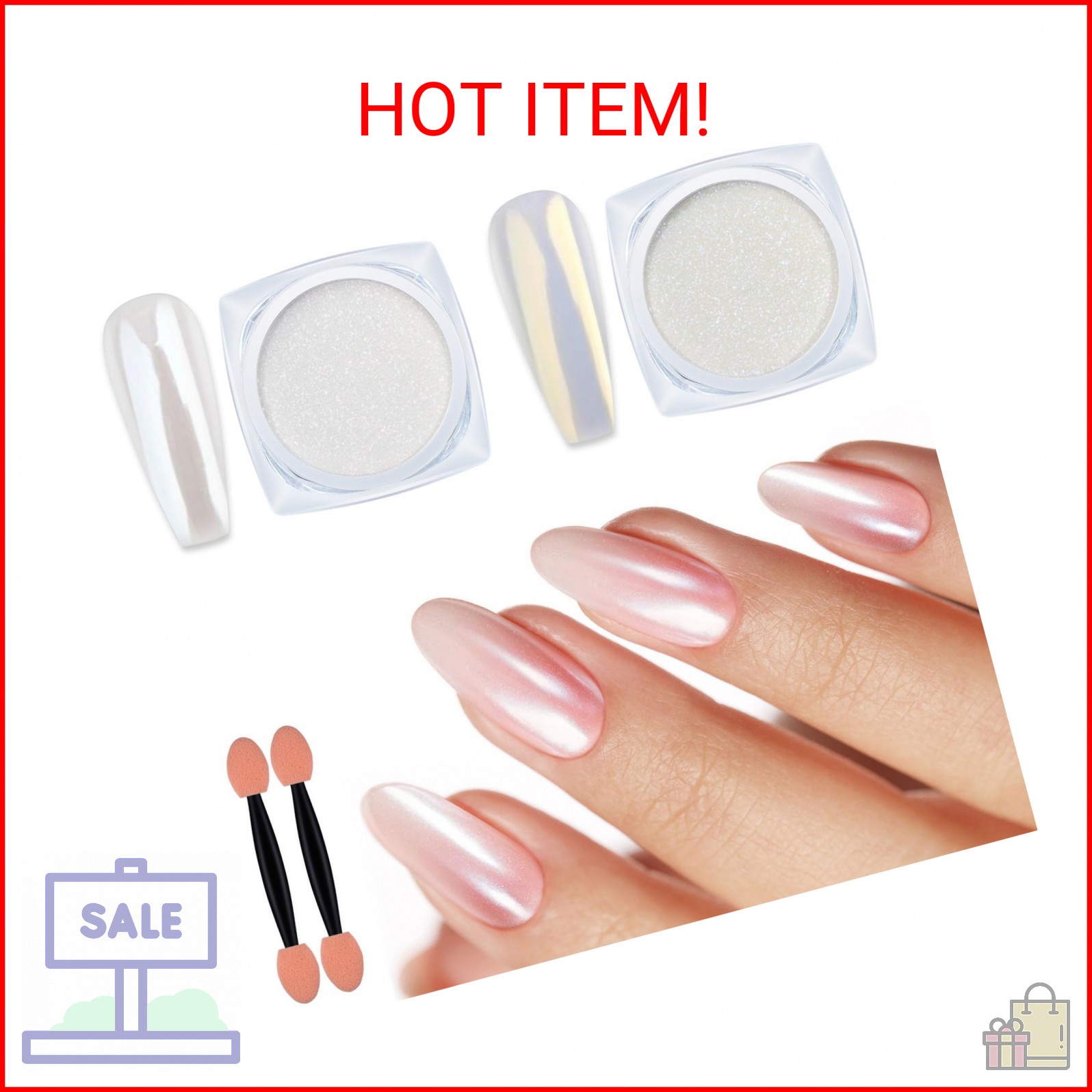 Artdone 2 Jars Chrome Nail Powder White and Gold Pearl,Iridescent Aurora Powder