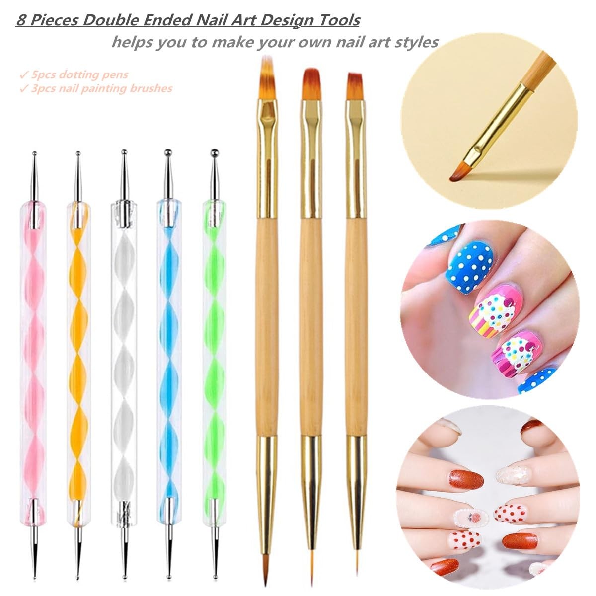 5PCS Dotting Pens and 3PCS Nail Painting Brushes, 8 PCS, Multicolor