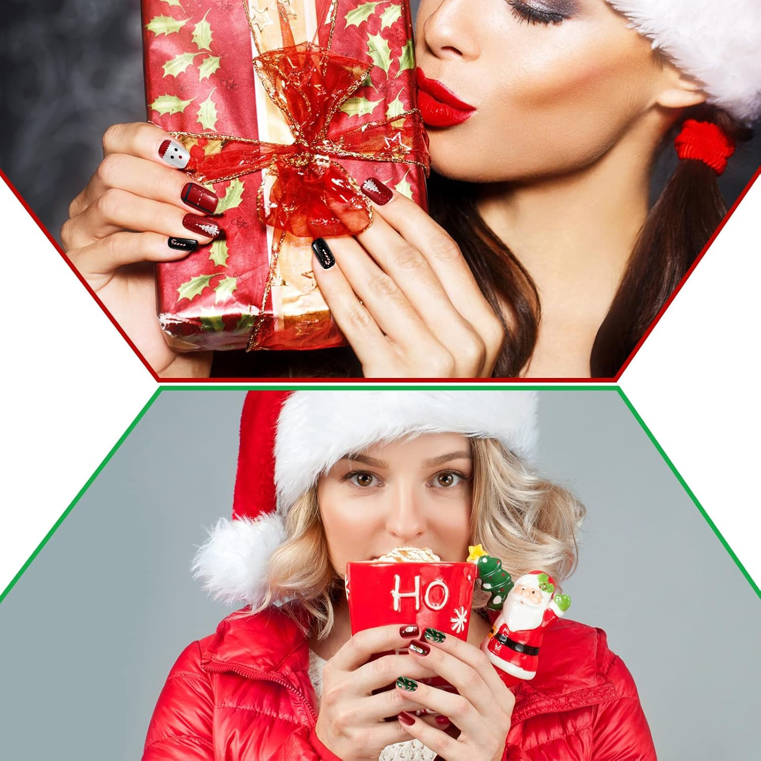 384Pcs 16Pack Christmas Press on Nails Winter Square Short Red Fake Nails with S