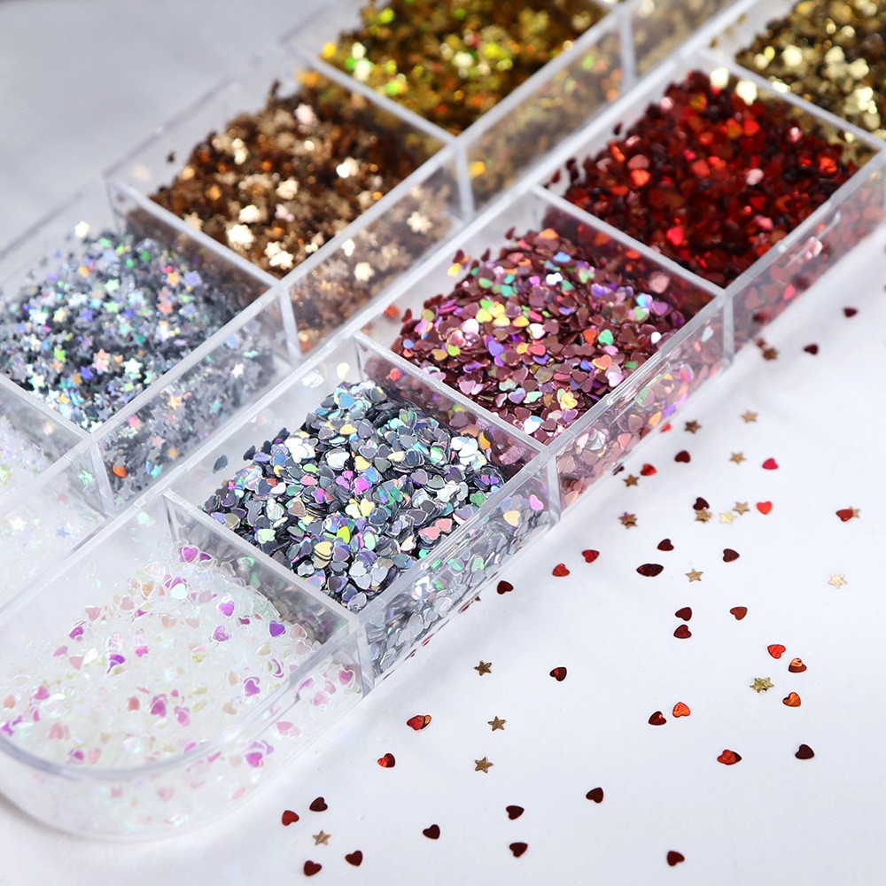 12 Grids Nail Art Sequins 1 mm Glitter Flakes Nails ~ Star Love Heart Shape