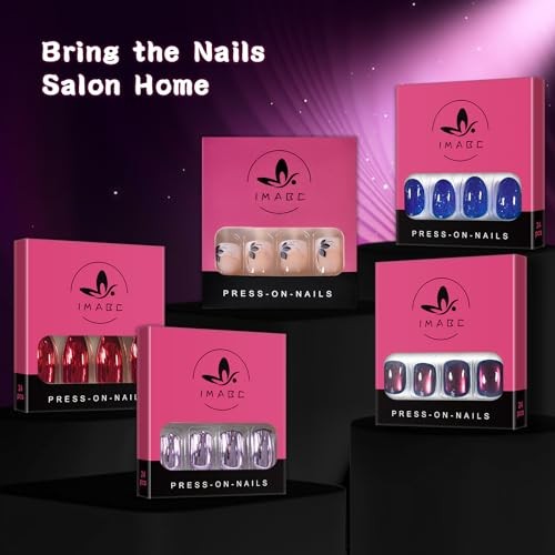 Metallic Mirror Press On Nails Purple False Nails Squoval Medium Lenght Nail