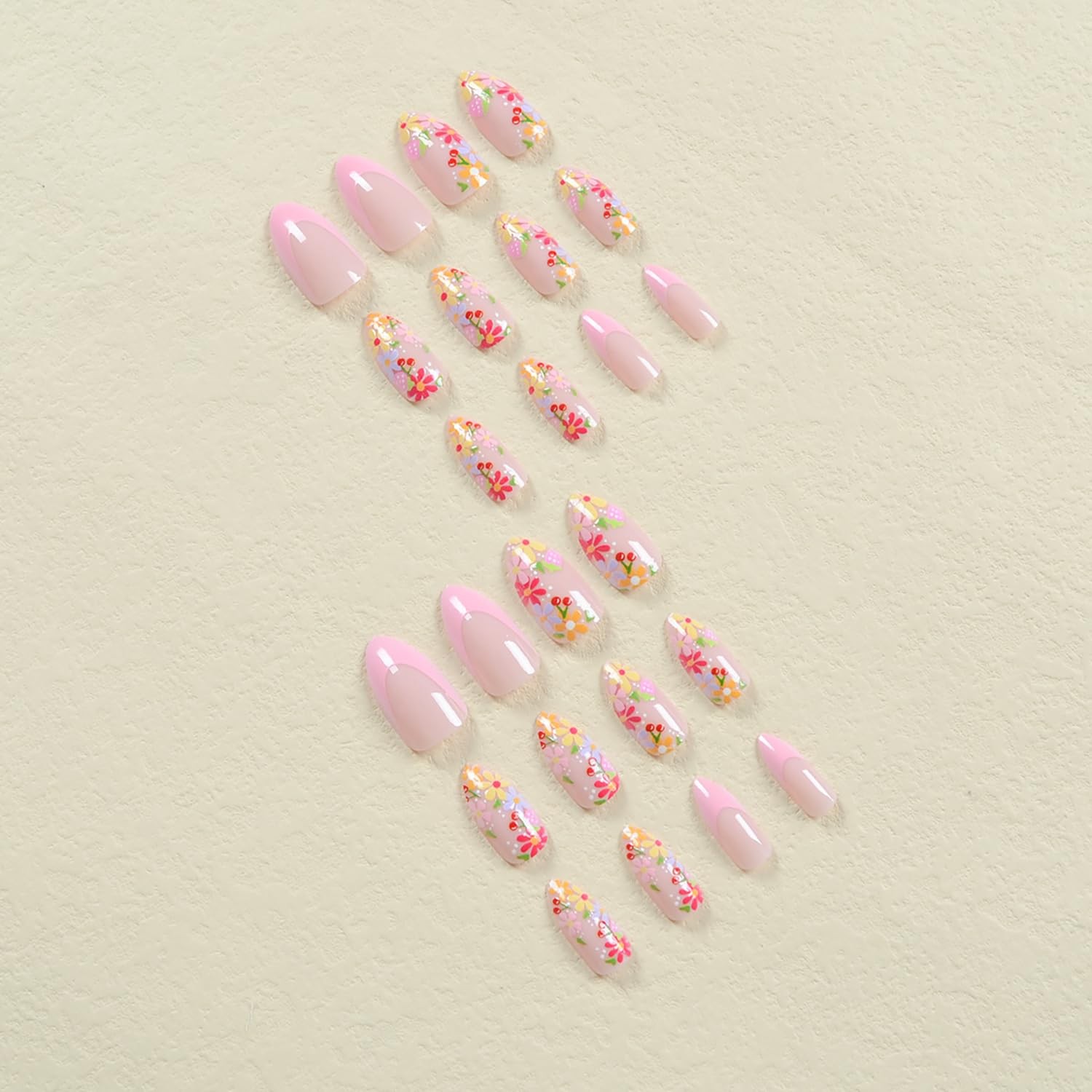 24 Pcs French Tip Press On Nails – Almond Shape, Medium Length, Pink & Colorf…