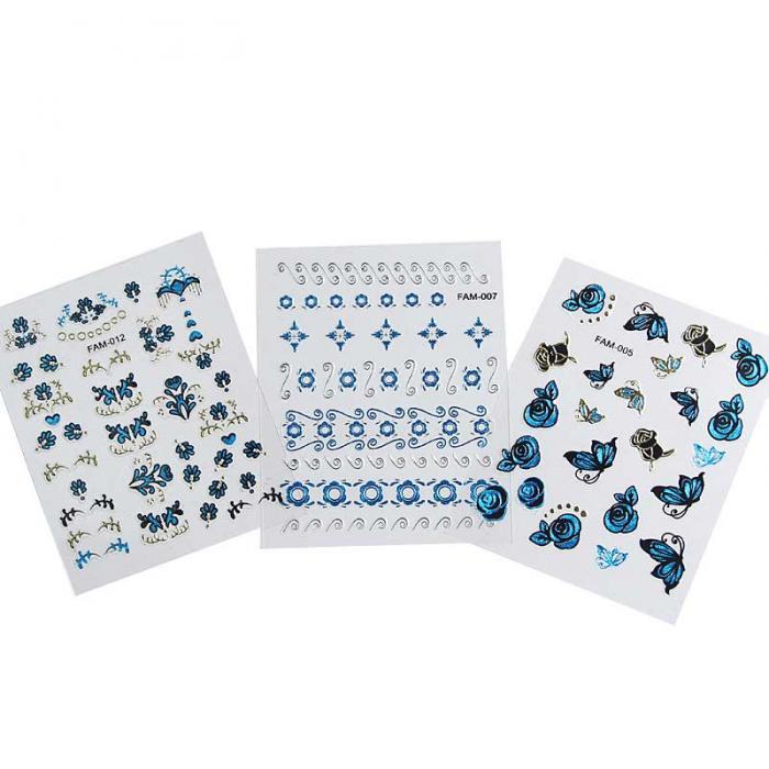 3 Sheets (random) 3D Nail Sticker Blue Gold Silver Butterfly Flower Lace Decals