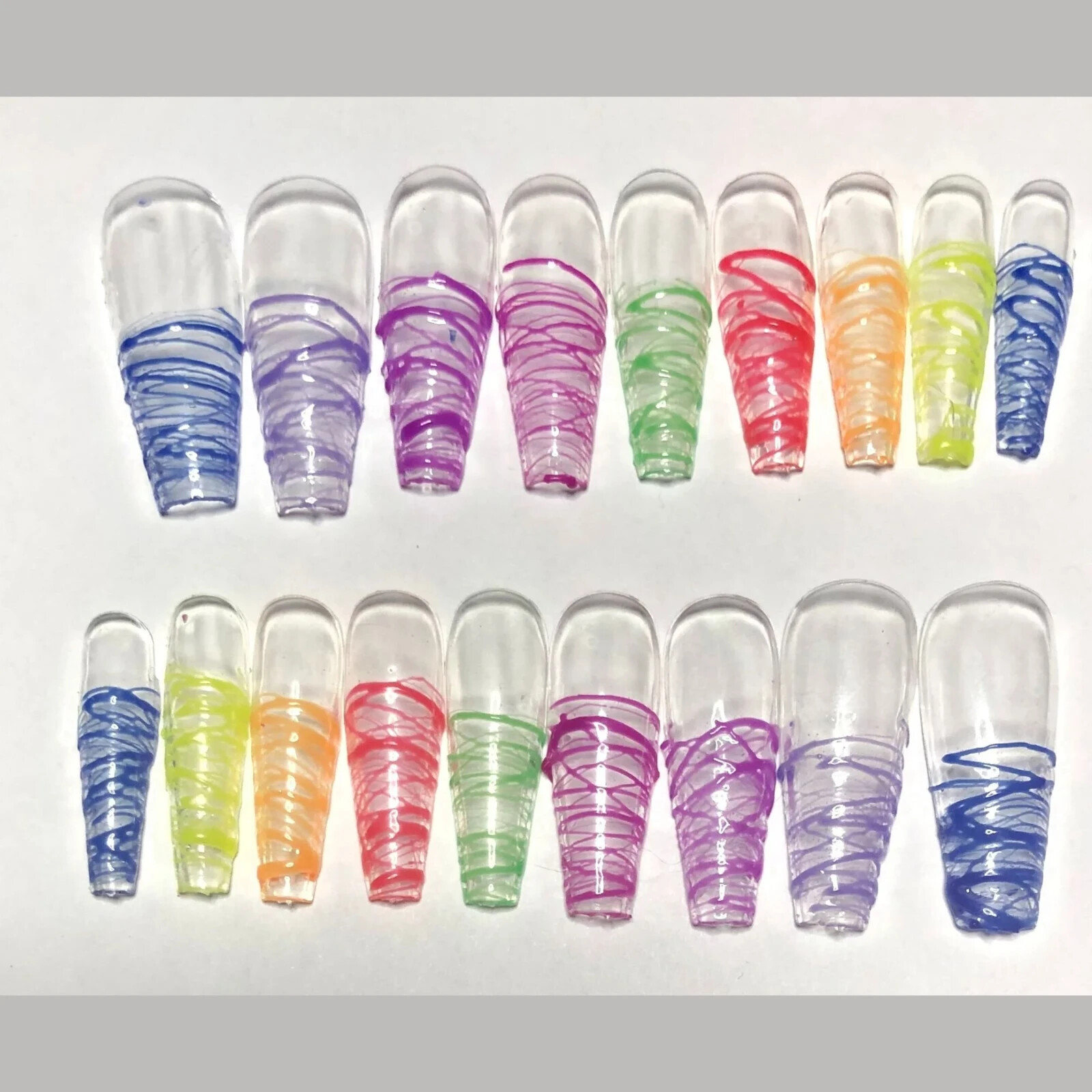 Long rainbow glow in the dark tips- Press on nail set- Size 0-8, Ex-long Balleri