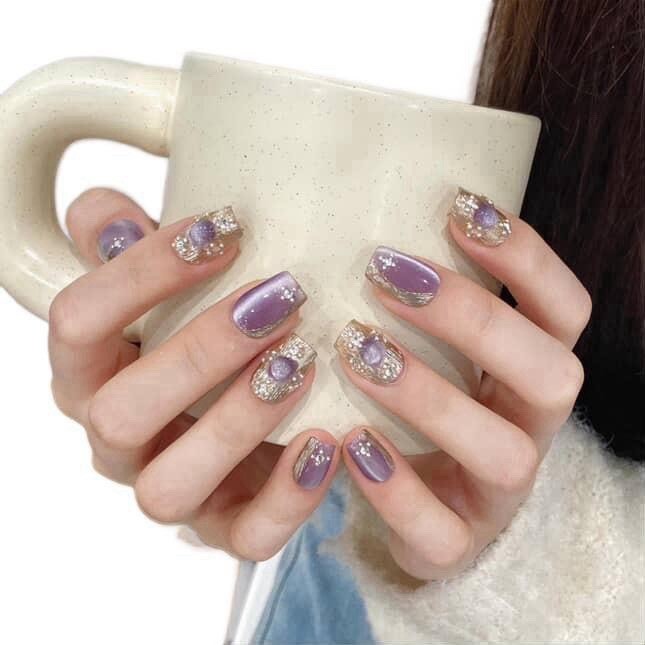 Tipora Press on Nails Square Nails Purple Color with Cat-Eye Design 109