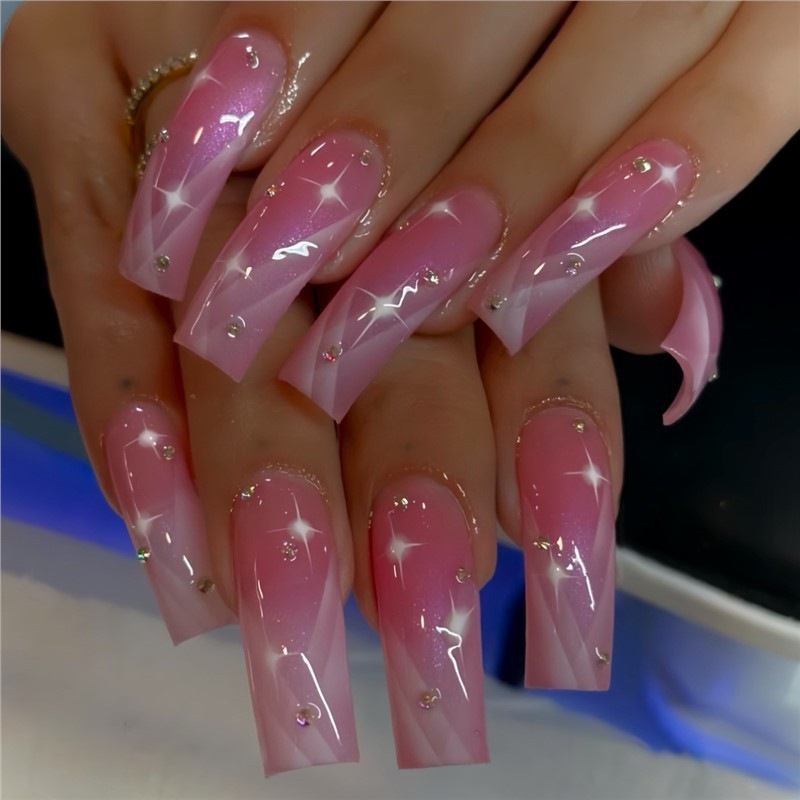 New Long European American Press on Nails Shiny Rhinestone Gradient Glitter Curv