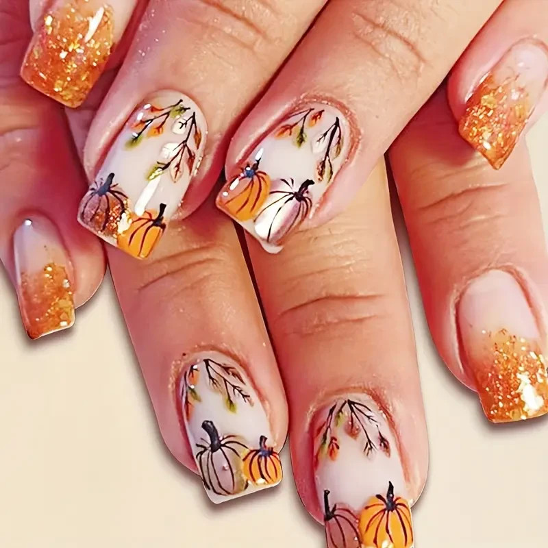 24pcs Glossy Medium, Square Press-On Nails, Autumn Maple Leaf, Thanksgiving