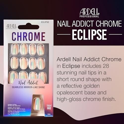 ARDELL Nail Addict Press-On 28 Nails CHROME Long Oval ECLIPSE Opalescent Gold 1a