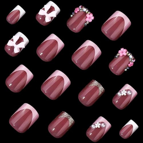 French Tip Press on Nails Short Square Fake Nails Nude Glossy False Nails with