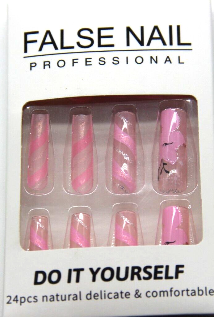 Handmade False Nail Pink French Coffin Long Press on Nails for Manicure