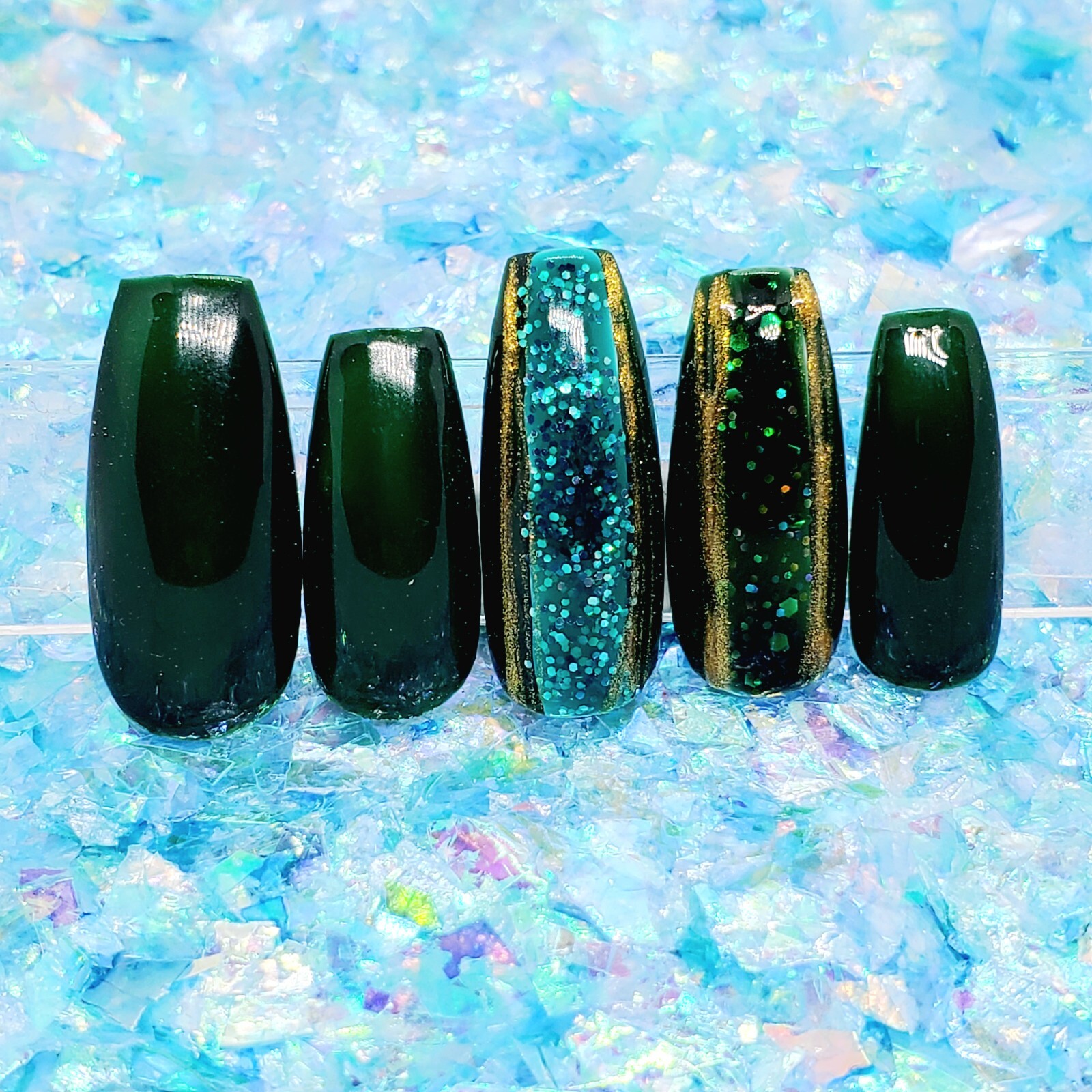 Green Glitter Two Tone Gold Stripe Short Square Press On Nails Handmade Hard Gel