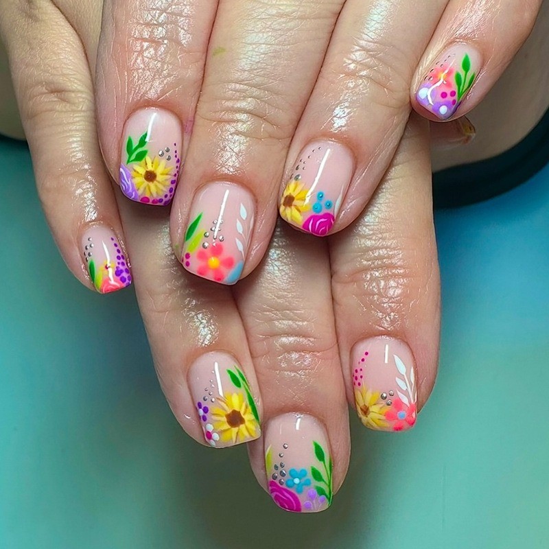 48pcs-Nude Nails with Hand-Painted Colorful Flowers, Leaves and Tiny Rhinestones