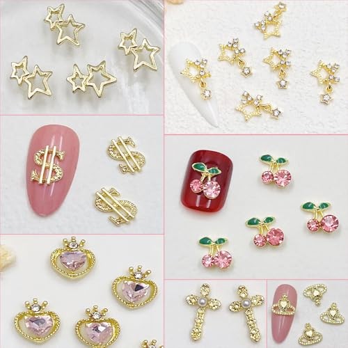 106 PCS Gold Nail Charms 3D Nail Art Charms Cherry Butterfly Cross Bow Star