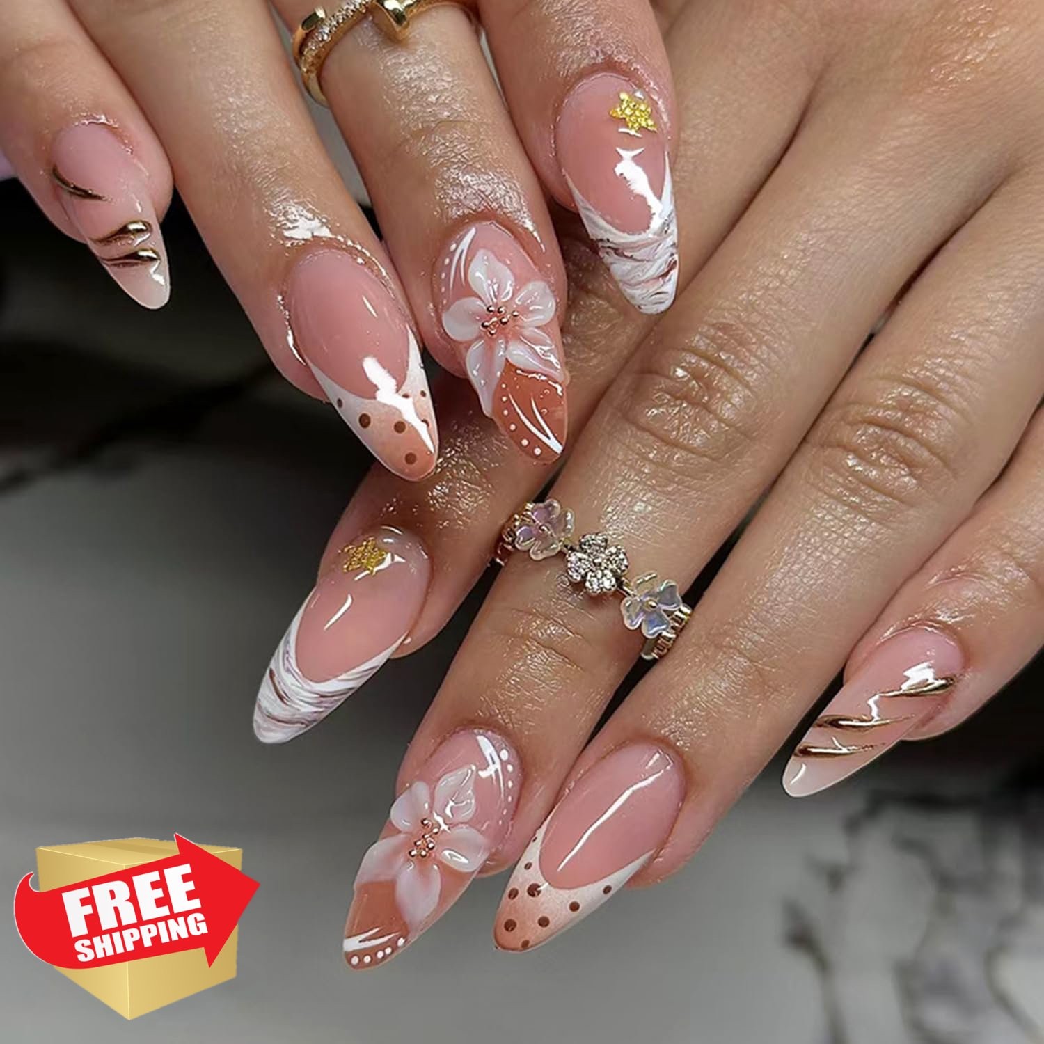 OSTTMA Brown 3D Flower Almond Press on Nails flower-2