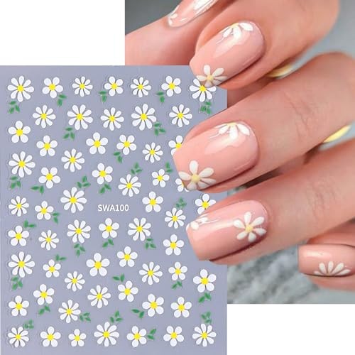 Nail Art Stickers – Small Floral Nail Decals 3D Self-Adhesive Nail White Daisy